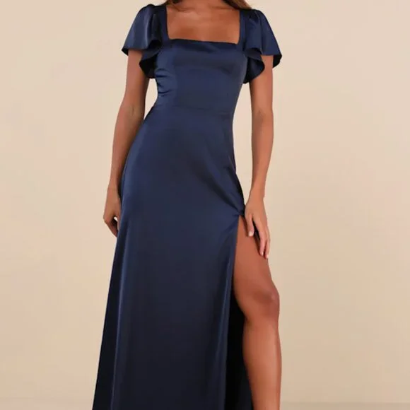 Lulus | Dresses | Lulus Ultimate Sweetness Navy Blue Satin Flutter Sleeve  Maxi Dress Size L | Poshmark